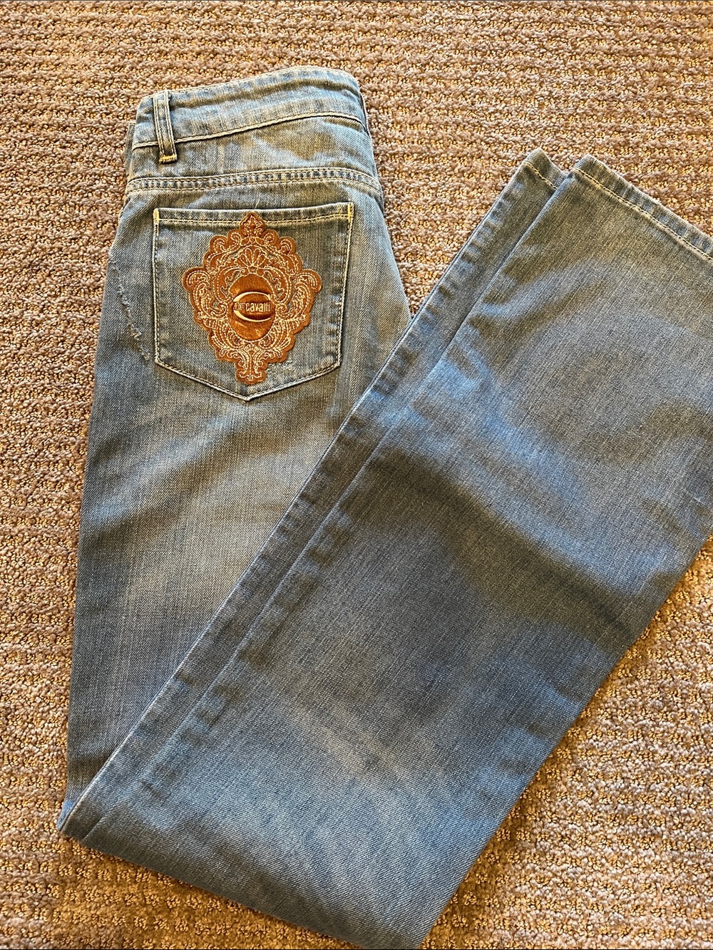 Just Cavalli Distressed bootcut Jeans with Tan Embroidered Back Pocket